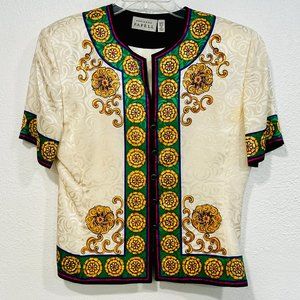 Adrianna Papell Silk Blouse Vintage 80s MultiColor Short Slvs Lined EUC Size 12